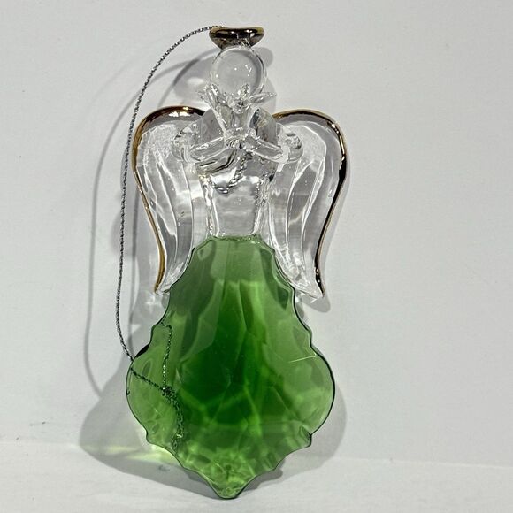 Glass Angel Ornament Green Crystal Gold Trim Praying Figurine Gift Boxed - Picture 2 of 16